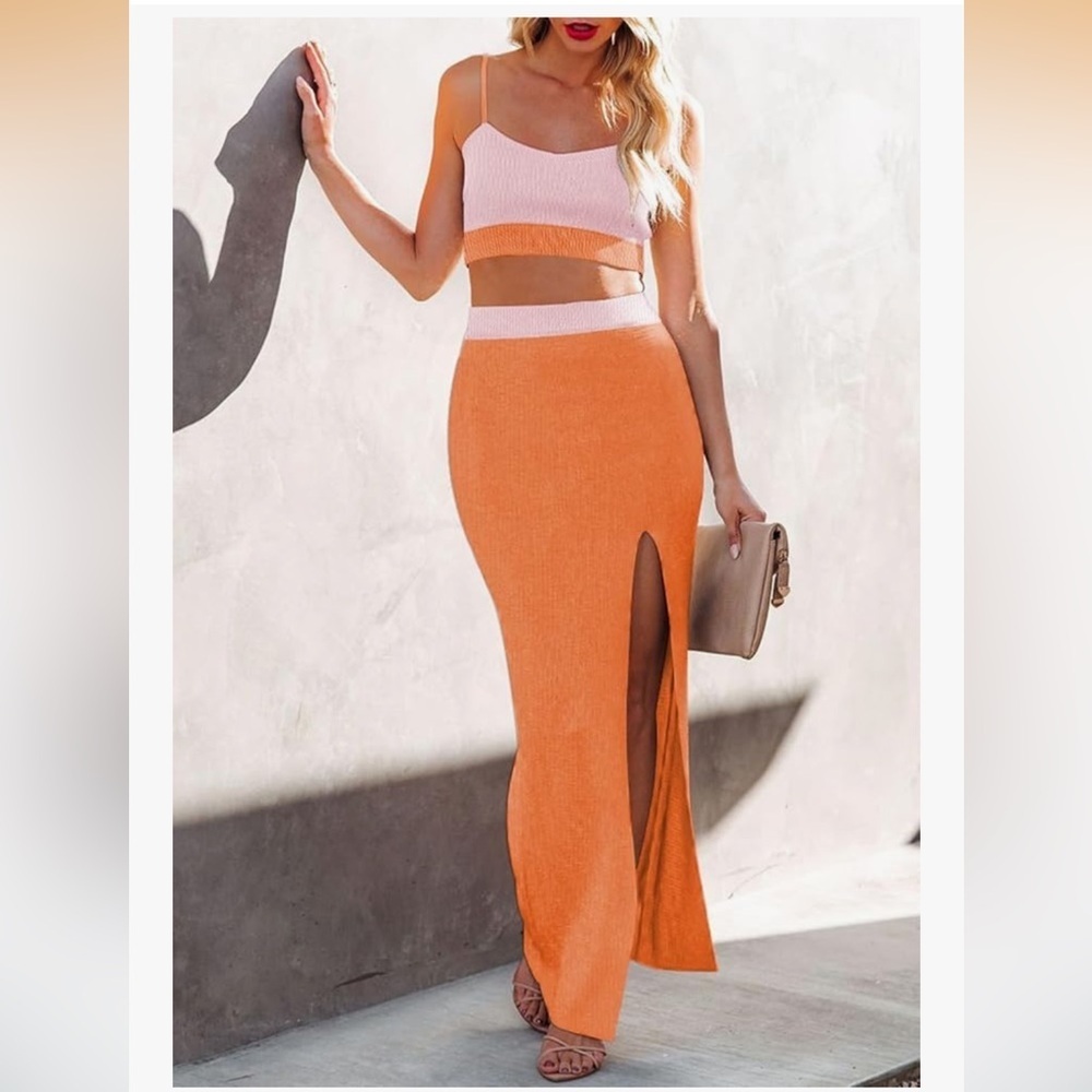 Knitted Crop Top Side Slit Midi Skirt 2 Piece Sweater Dress  Orange S/0112- DC